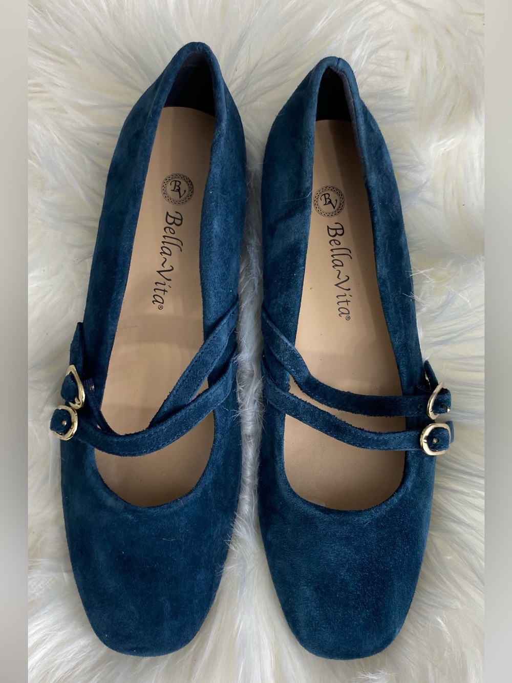 Bella Vita Navy Suede Double-Strap Ballet Flats with Gold Buckles